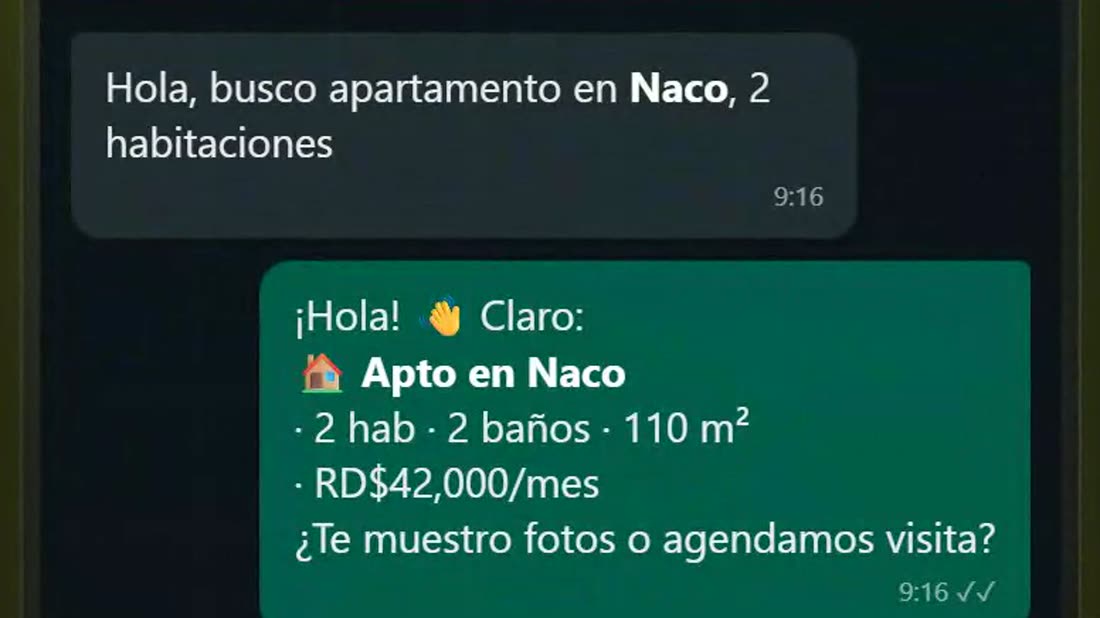 Chat de WhatsApp: un cliente pregunta por un apartamento en Naco y el agente le responde con precio y le ofrece agendar la visita